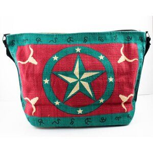 Western Design Cotton Stencil Unlined Tote Bag Purse Texas Star Steer Turquoise